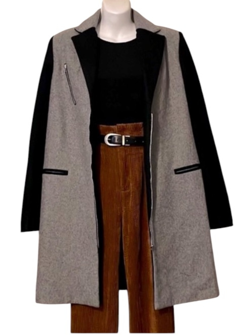 ASILIO Womens Wool Blend Minimalist Black & Gray Colorblock Coat Jacket Sz M